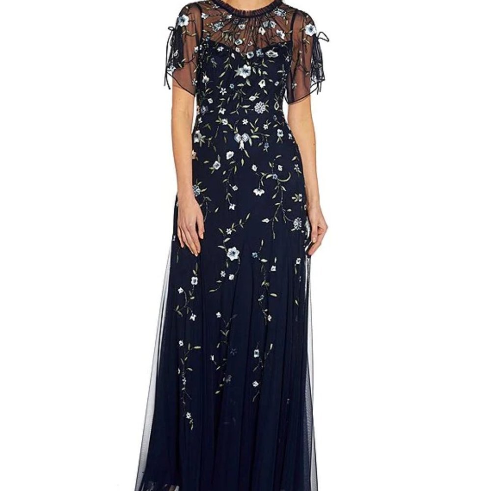 Adrianna Papell Beaded Floral Embroidered Mesh Short Sleeve Boho Gown